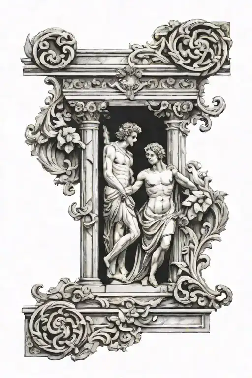 An artistic work from the ancient Roman period, inside a rectangular-edged painting. realistic design with shadow tattoo design idea