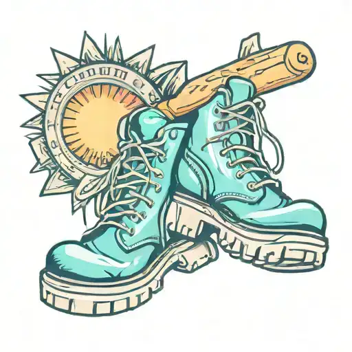 A new-school tattoo design of a baker's hat and rolling pin crossed over a pair of hiking boots, with a colorful sunrise in the background tattoo design idea