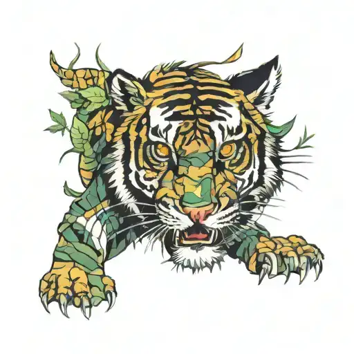 Camouflage tiger in forest scene with a hidden tattoo design idea