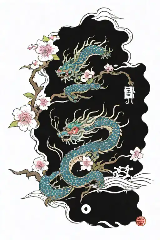 waves dragons Japanese cherry blossom tattoo design idea