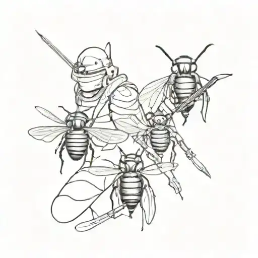 the three musketeers don't show their faces holding a sword and on the sword a small emblem of a wasp tattoo design idea
