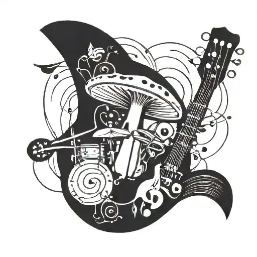 A new-school tattoo of a psychedelic mushroom surrounded by musical instruments like guitars and drums tattoo design idea