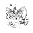 A dotwork tattoo of a cat sitting on a branch with butterflies flying around tattoo design idea