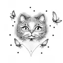 A dotwork tattoo of a cat sitting on a branch with butterflies flying around tattoo design idea