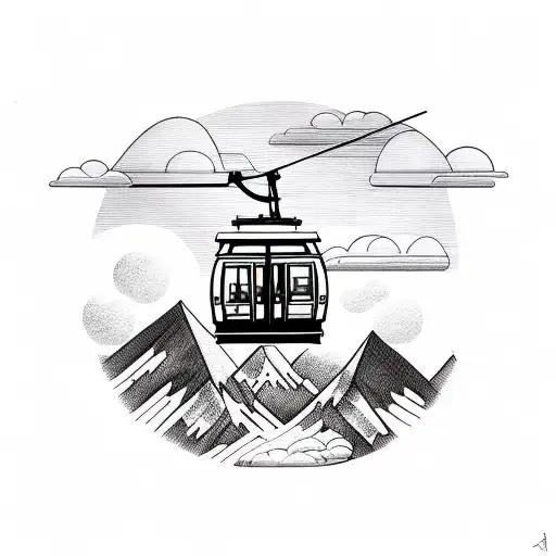 a cable car traveling high above clouds with mountain peaks poking out tattoo design idea