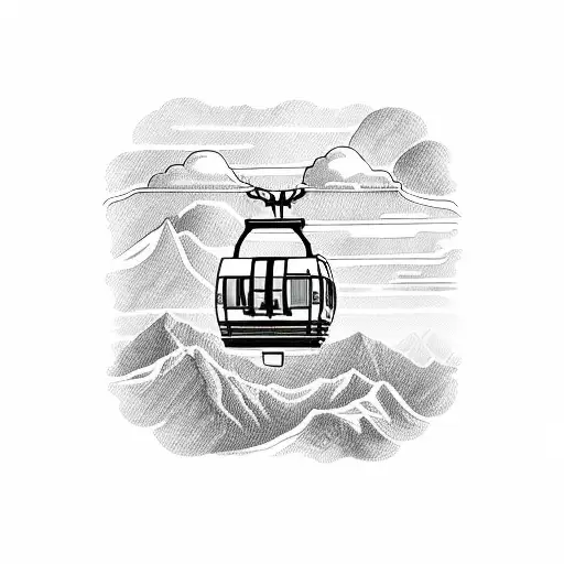 a cable car traveling high above clouds with mountain peaks poking out tattoo design idea