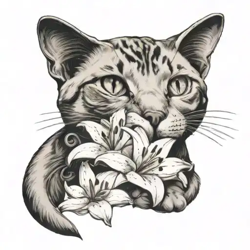 cat and lily flower tattoo design idea