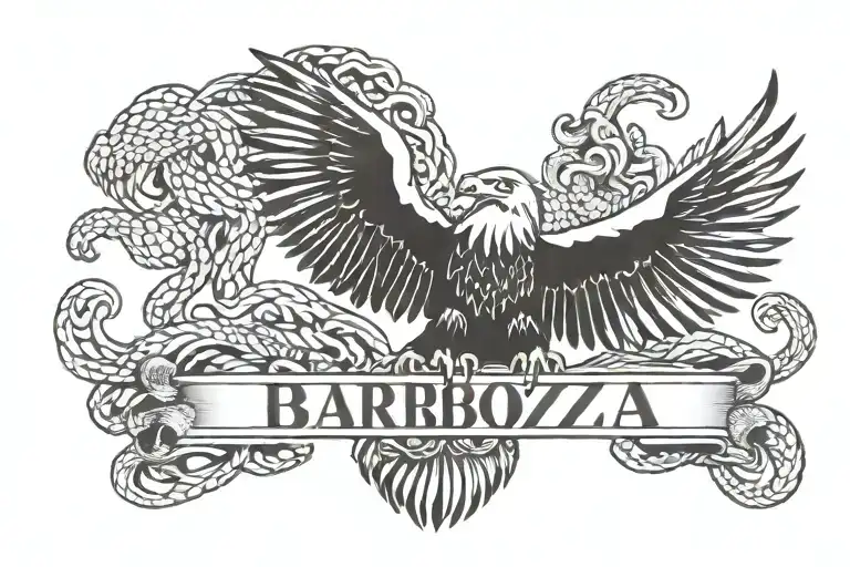 Eagle and Snake from mexican flag with the name "Barboza" in old english lettering font   tattoo design idea