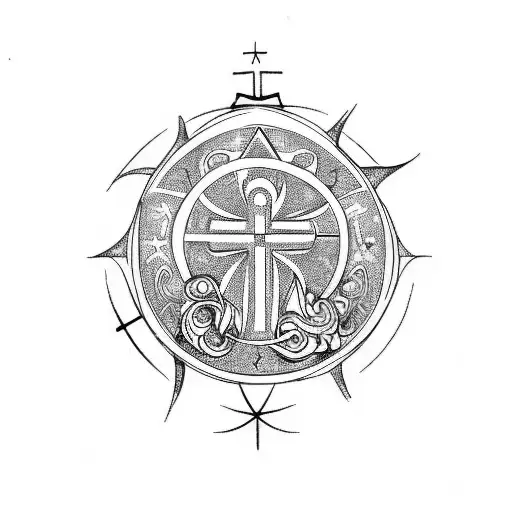 Saint Benedict cross and aquarius zodiac sign  tattoo design idea