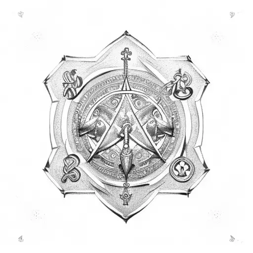 Saint Benedict medallion cross and aquarius zodiac sign  tattoo design idea