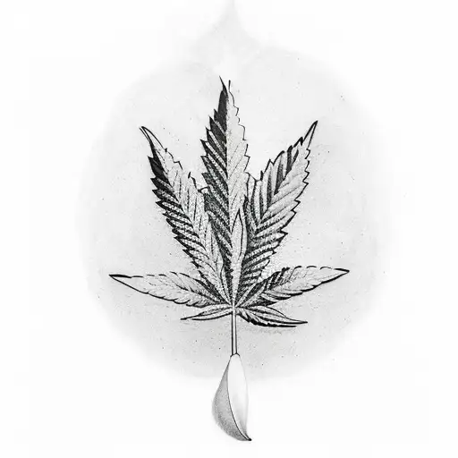 A minimalist tattoo of a marijuana leaf shaped like a quill pen, with ink dripping into a drawing of a guitar tattoo design idea