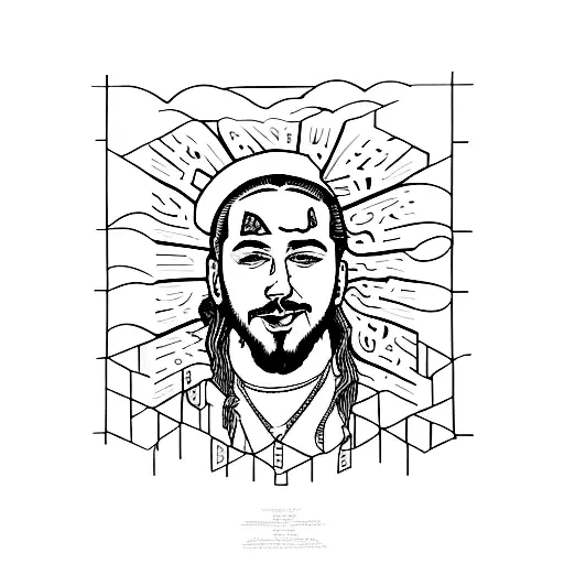 A minimalist tattoo of Post Malone's face made up of intricate drawings and writings that represent his songs tattoo design idea