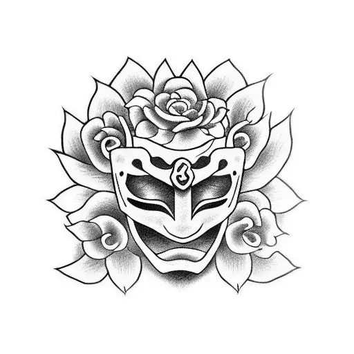 Katana with oni mask and dragon roses and add one more thing tattoo design idea