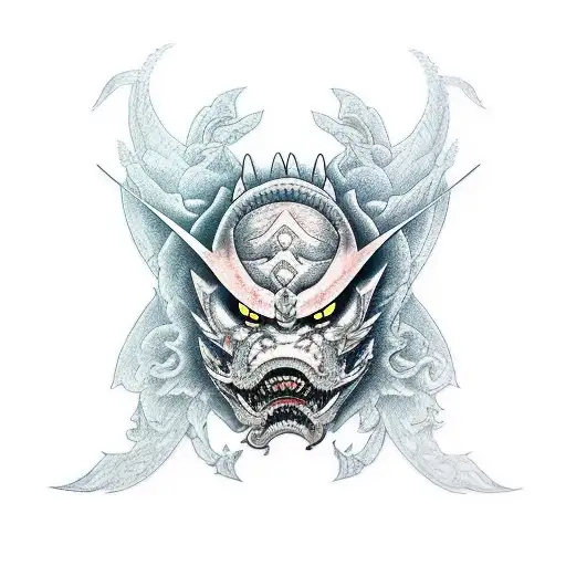katana, oni mask, dragon, roses tattoo design idea