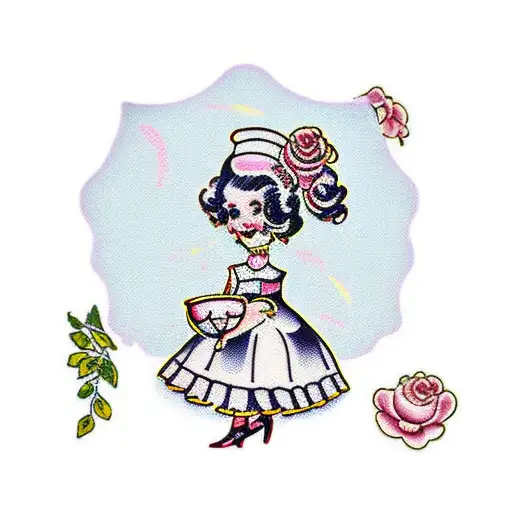 A sissy maid serving tea in a frilly pink apron tattoo design idea