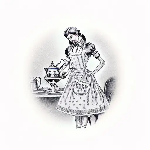 A sissy maid serving tea in a frilly pink apron tattoo design idea