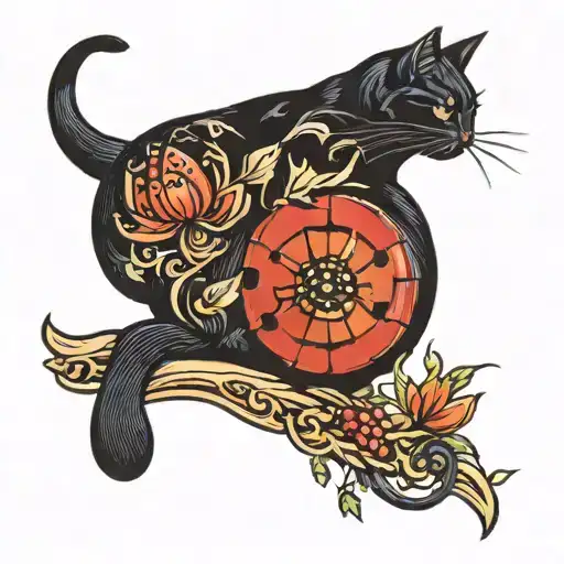 black cat side profile with ladybug on nose tattoo design idea