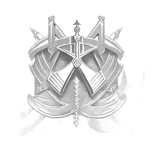 templar sword in the center, a knight helm on one of the sides and three roses tattoo design idea