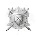 templar sword in the center, a knight helm on one of the sides and three roses tattoo design idea