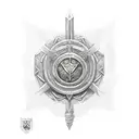 templar sword in the center, a knight helm on one of the sides and three roses tattoo design idea