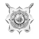 templar sword in the center, a knight helm on one of the sides and three roses tattoo design idea