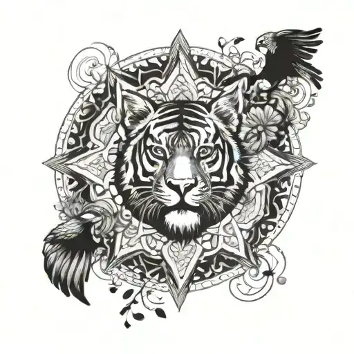 A mandala with a tiger and raven intertwined, symbolizing balance and strength in yoga practice tattoo design idea