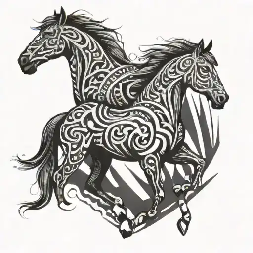 A combination of tribal patterns and horses to symbolize strength and positivity tattoo design idea