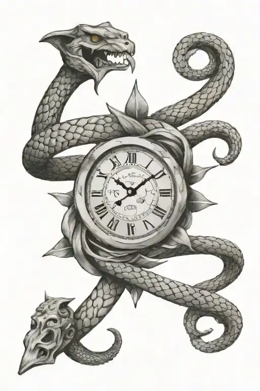 amor fati memento mori text, ouroboros snake wrist, sand clock, wolf tattoo design idea