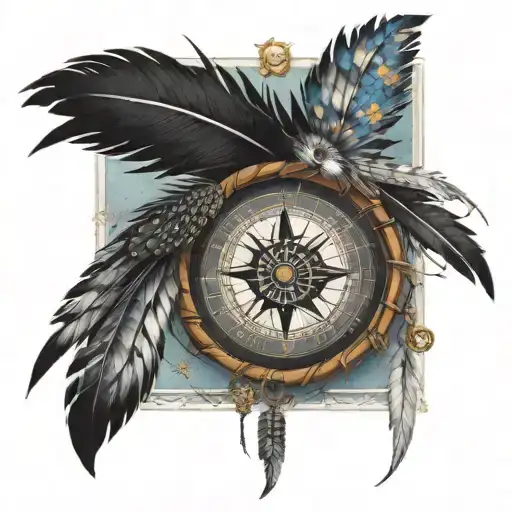 A compass rose dream catcher with the southern cross as beads in the middle and a thrashers feather, falcons feather, an tattoo design idea