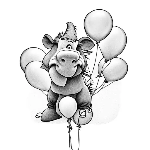 Happy Eeyore with names ( Cheyanne, Lucas, Rachel and Megan)  on floating balloons tattoo design idea