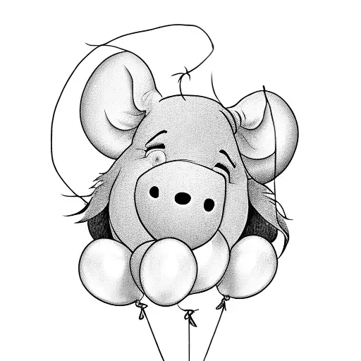 Happy Eeyore with names ( Cheyanne, Lucas, Rachel and Megan)  on floating balloons tattoo design idea