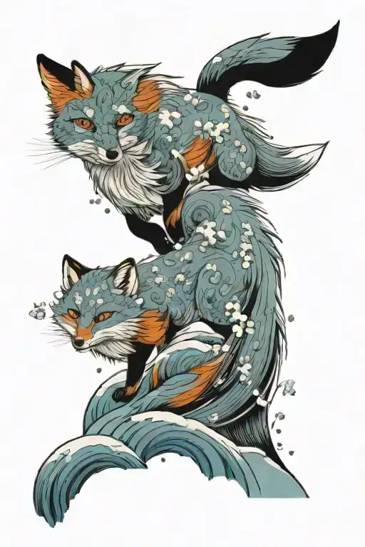 A fox in a snowy Japanese landscape with sea and mountains tattoo design idea
