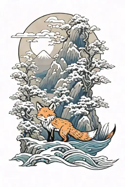 A fox in a snowy Japanese landscape with sea and mountains tattoo design idea