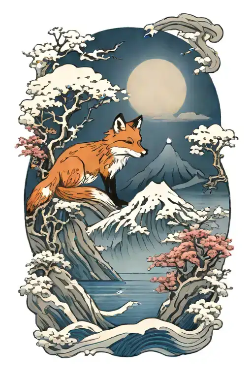 A fox in a snowy Japanese landscape with sea and mountains tattoo design idea