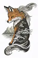 A fox in a snowy Japanese landscape with sea and mountains tattoo design idea