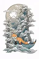 A fox in a snowy Japanese landscape with sea and mountains tattoo design idea