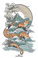 A fox in a snowy Japanese landscape with sea and mountains tattoo design idea