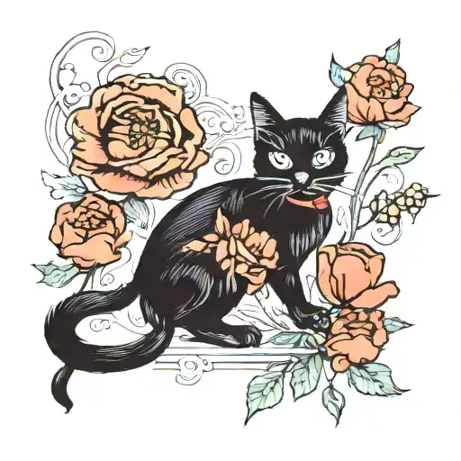 black cat brings poppy flower to blonde woman posing tattoo design idea