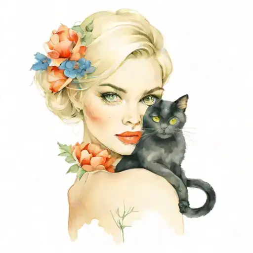 black cat brings poppy flower to blonde woman posing tattoo design idea