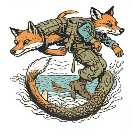 A soldier diving into the ocean with a scuba tank on his back and a fox swimming alongside him tattoo design idea