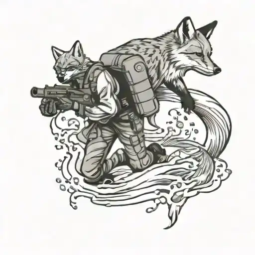 A soldier diving into the ocean with a scuba tank on his back and a fox swimming alongside him tattoo design idea
