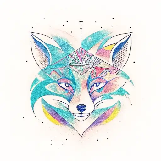 A stylized fox with vibrant colors and geometric patterns, symbolizing agility and cunning tattoo design idea