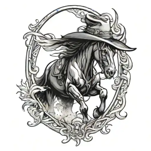 A black demon horse emerging from the shadows with a cowboy hat on tattoo design idea