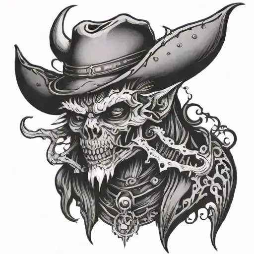 A dark and gothic demon design incorporating elements of cowboy culture tattoo design idea