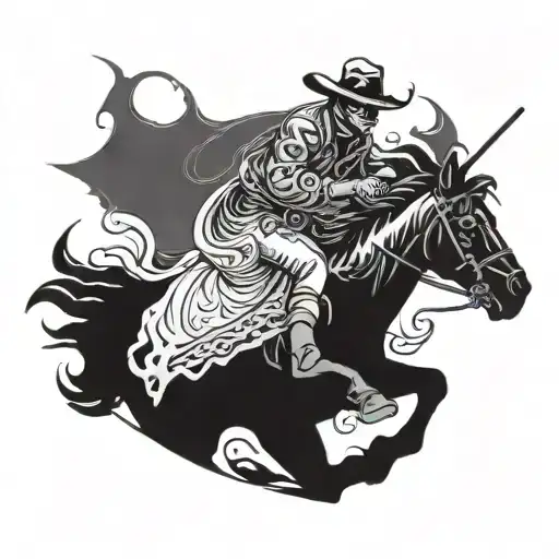 A cowboy riding a black demon horse through the shadows of hell tattoo design idea