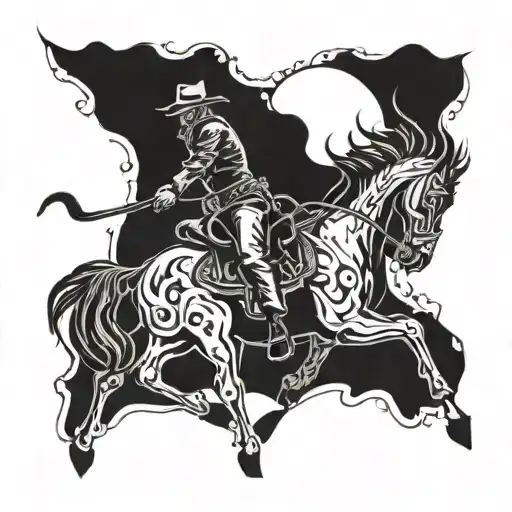 A cowboy riding a black demon horse through the shadows of hell tattoo design idea