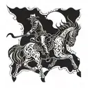 A cowboy riding a black demon horse through the shadows of hell tattoo design idea