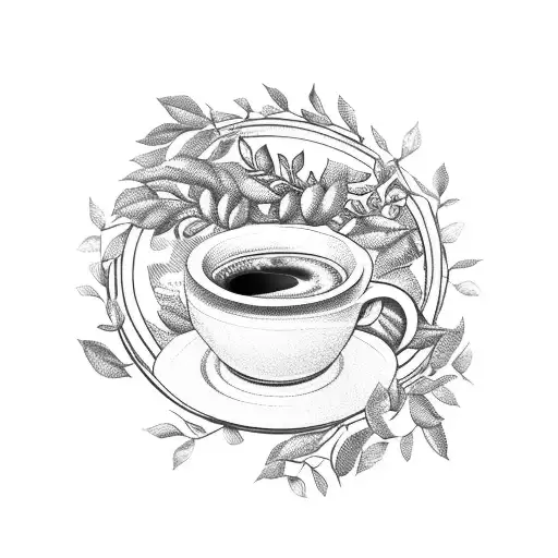 A coffee cup surrounded by a wreath of laurel, symbolizing a love for both coffee and nature tattoo design idea