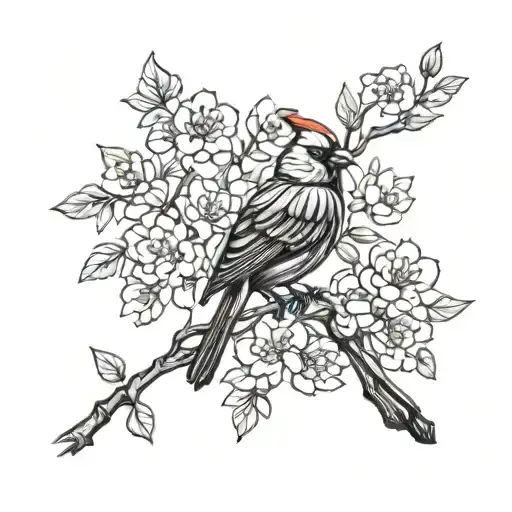 Simple red cardinal sat on blossom branch tattoo design idea