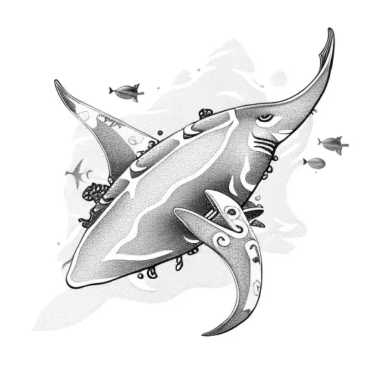An intricate scuba diver surrounded by a school of manta rays in the depths of the ocean tattoo design idea